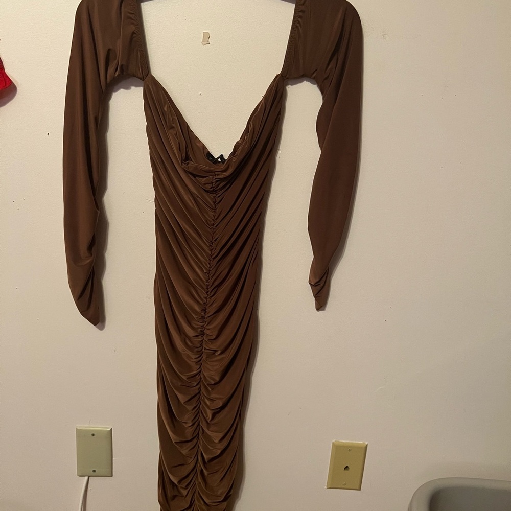 Sabora Brown Ruched Bodycon Dress Square Neck Long Sleeve